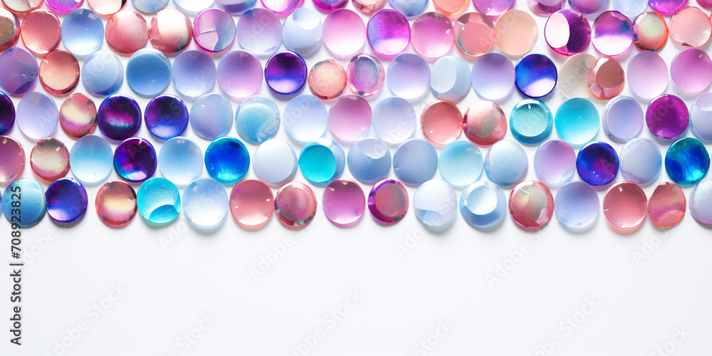 halographic sequins on a white background, multi-colored sparkles, confetti scattered on a white background