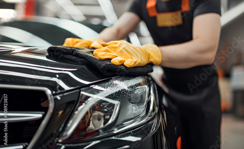 Man cleaning black car with microfiber cloth, car detailing. © Curioso.Photography