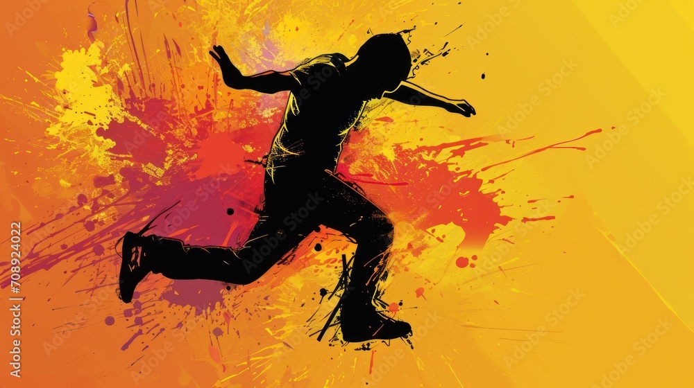 a silhouette of a man running with paint splatters on the background of a bright yellow and orange background with a splash of red and yellow paint splatters. a silhouette of a man running with paint splatters on the background of a bright yellow and orange background with a splash of red and yellow paint splatters.