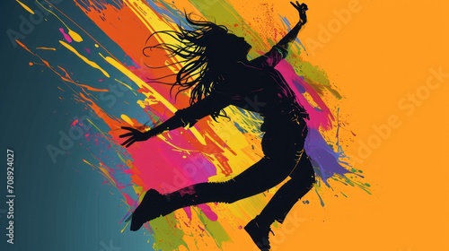  a person jumping in the air on a skateboard with paint splattered on the background of a multicolored image of a woman with her arms up in the air.