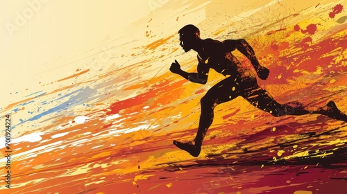  a silhouette of a man running on a beach in front of an orange, yellow, and red background with a splash of paint on the side of the image.