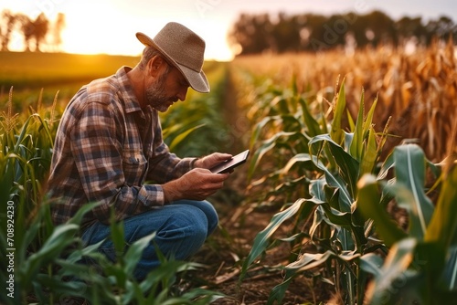 A modern farmer in a corn field using a digital tablet to review harvest and crop performance, ESG concept and application of technology in contemporary agriculture practices, Generative AI