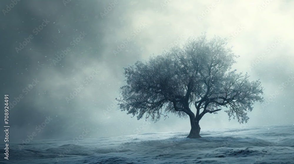 a lone tree in the middle of a snow covered field in the middle of a dark, foggy, and gloomy day with a few stars in the sky. a lone tree in the middle of a snow covered field in the middle of a dark, foggy, and gloomy day with a few stars in the sky.