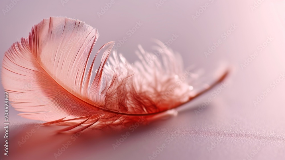 a close up of a pink feather on a pink surface with a reflection of the ...