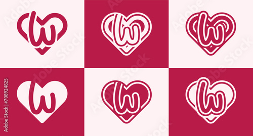 Set of heart logo with initial letter W. This logo combines letters and heart shapes with a red heart color. Suitable for dating apps, couples' anniversaries, valentines, weddings, and other love.