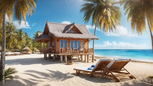 photo of a view of a wooden house on the beach with white sand and a beautiful blue sea made by AI generative