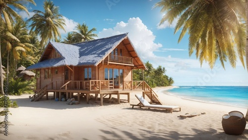 photo of a view of a cottage on the beach with white sand and a beautiful blue sea made by AI generative © M.Taufiq