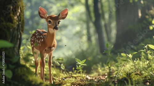  a small deer standing in the middle of a forest with lots of trees and grass on both sides of it's face and it's face, looking at the camera. photo