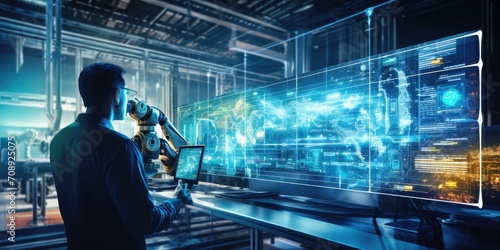 Futuristic technology trend concept of smart industry 4.0 engineer use artificial intelligence robotic automation machine in factory Connecting data network software to monitoring, operating process