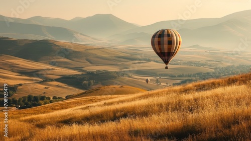  a hot air balloon flying in the sky over a field of brown grass and hills in the distance, with hills in the distance, and a valley in the foreground.