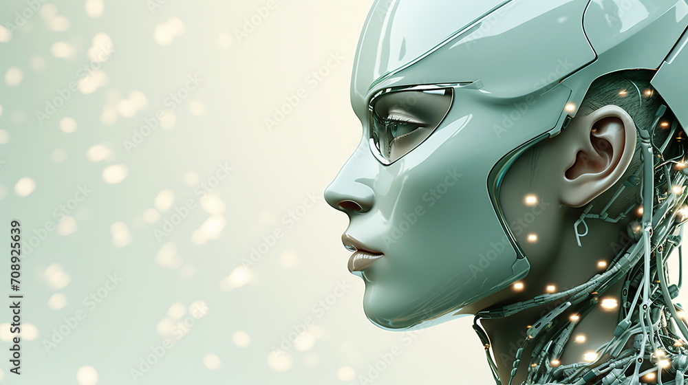 Cyborg woman robot on light bokeh background with copy space. Science, technology, robot human assistant, Ai Artificial Intelligence technology .