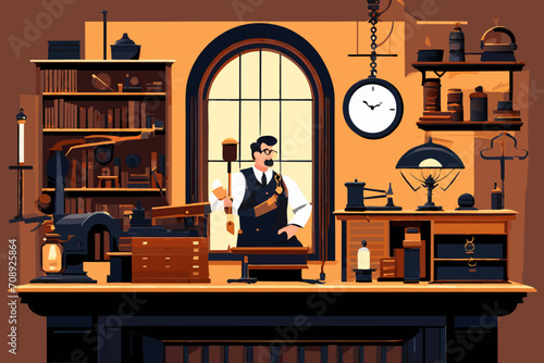 Quaint clock repair shop. vektor illustation