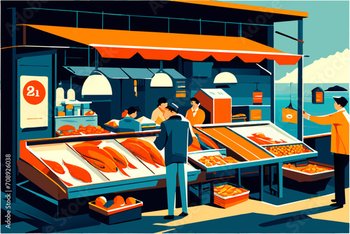 Local fish market. vektor illustation
