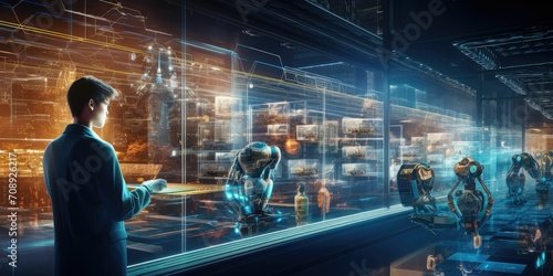 new normal Futuristic Technology in smart automation industrial concept using artificial intelligence, machine learning, digital twin, 5g, big data, iot, augmented mixed virtual rality, ar, vr,robot