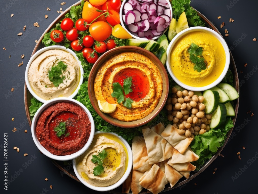 Platter of Hummus, Pita Chips, and Vegetables for a Healthy and Flavorful Snack