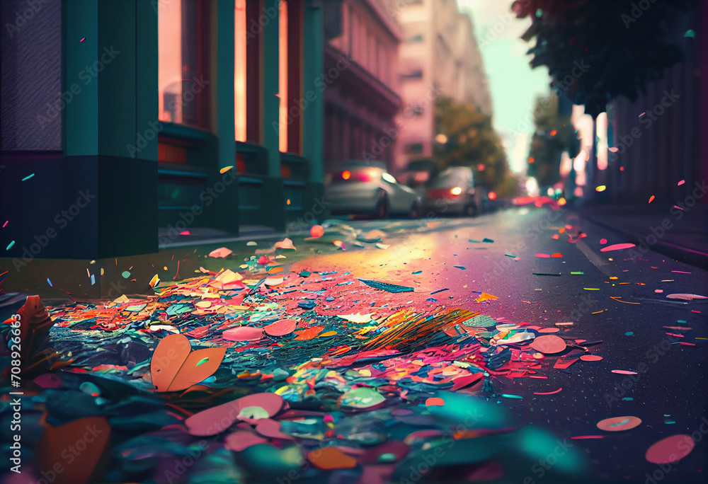 Confetti falling over a street and night background stock photo, in the ...