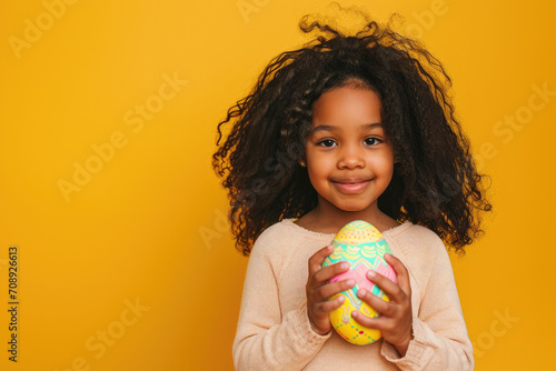 Joyful Young African American Girl Holding Decorative Easter Egg Against Yellow Background Copy Space