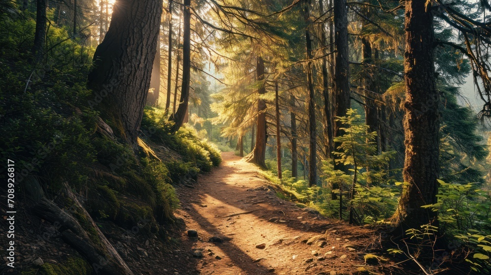 Obraz premium a dirt path in the middle of a forest with lots of trees on both sides of the path and the sun shining through the trees on the other side of the path.