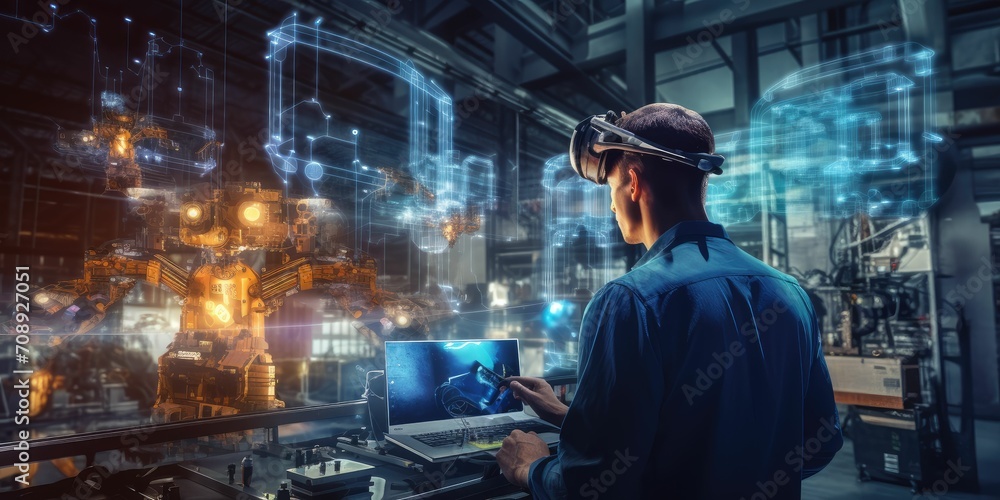 smart industry 4.0 futuristic technology concept, engineer use artificial intelligence combine augmented mixed virtual reality display, digital twin with 5g to control robot arm in smart factory - obrazy, fototapety, plakaty 