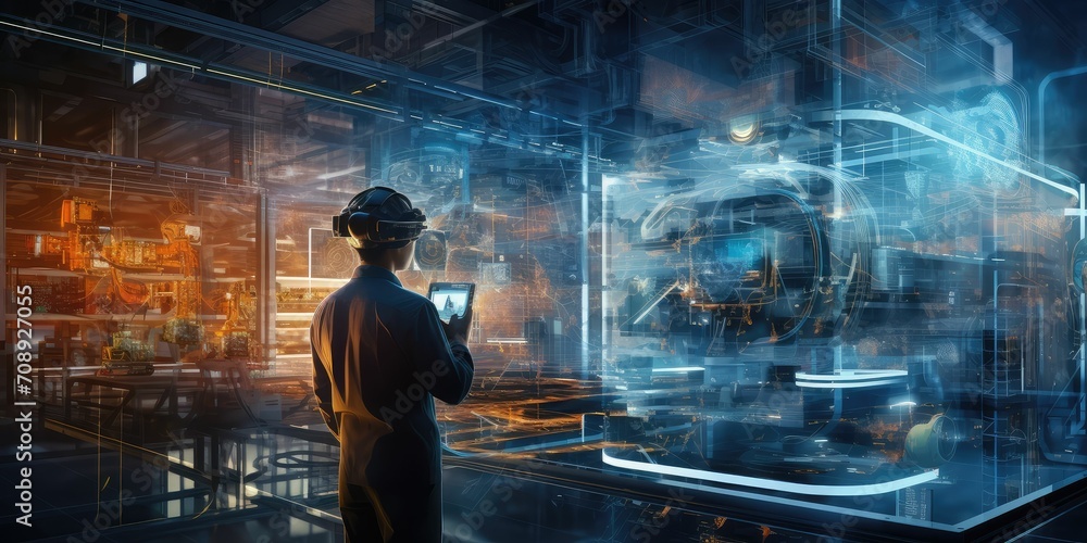 smart industry 4.0 futuristic technology concept, engineer use artificial intelligence combine augmented mixed virtual reality display, digital twin with 5g to control robot arm in smart factory smart industry 4.0 futuristic technology concept, engineer use artificial intelligence combine augmented mixed virtual reality display, digital twin with 5g to control robot arm in smart factory