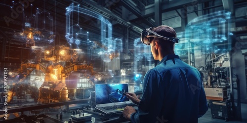 smart industry 4.0 futuristic technology concept, engineer use artificial intelligence combine augmented mixed virtual reality display, digital twin with 5g to control robot arm in smart factory