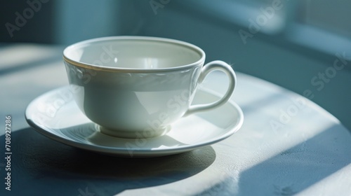  a white cup sitting on top of a saucer on top of a saucer on top of a white saucer on top of a white table next to a window.