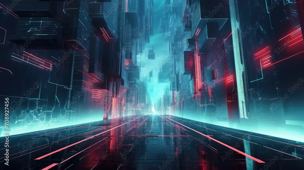 Dark futuristic cityscape with glowing lights and towering buildings, a mesmerizing vision of a cyberpunk metropolis