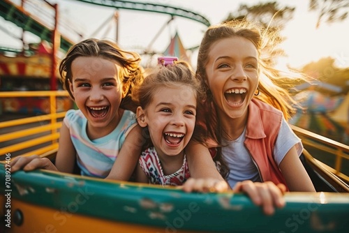 Mother and two children riding a rollercoaster at an amusement park or state fair, experiencing excitement, joy, laughter, and summer fun, Generative AI