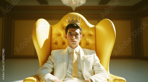 A young, man sits on a golden throne, wearing a crown, exuding a sense of power and authority in a luxurious setting. photo
