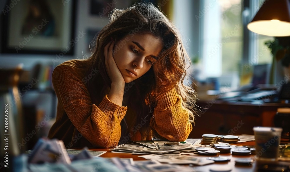 A worried young woman sits at a desk stacked with unpaid bills, her head in her hands. The chaos conveys her financial stress as a Gen Z navigating debt and economic, Generative AI - obrazy, fototapety, plakaty 