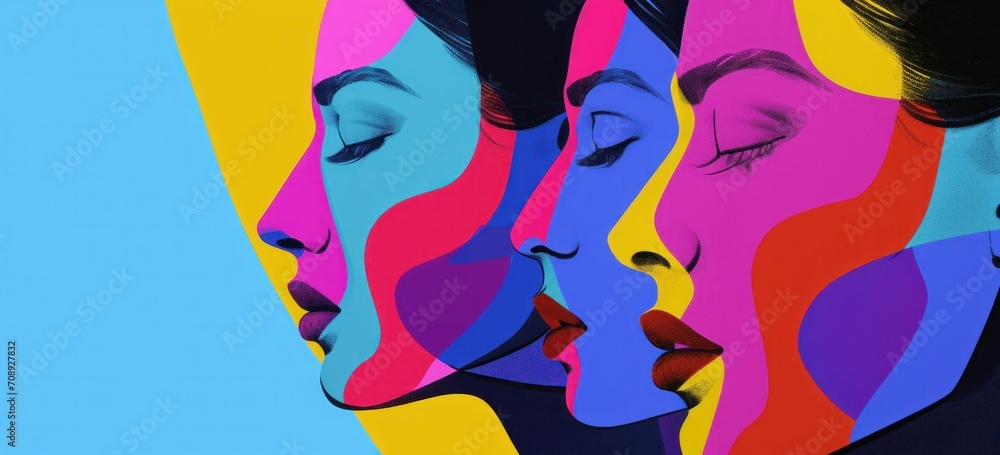 Colorful contemporary art portrait of three women profiles. Modern art and creativity.