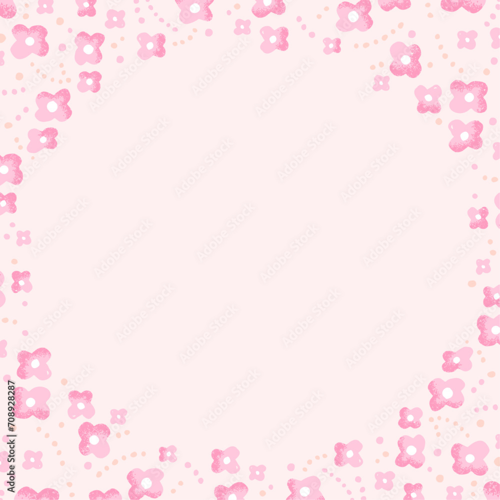 手描きの花柄　フレーム・背景素材／ピンク（正方形）