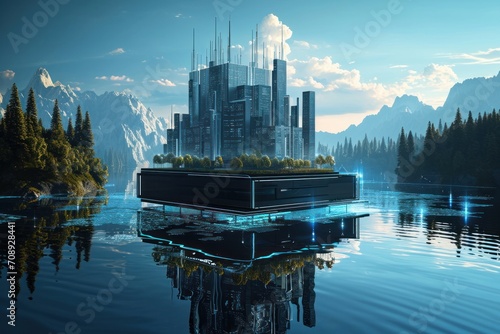 Futuristic data lakehouse concept with a holographic cityscape on a serene lake reflecting cutting-edge data integration, Generative AI photo
