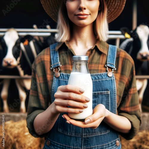 Female Farmer lady holding a bottle of milk with cow herd in background