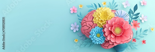 paper cut card Human brain with spring colorful flowers.  World Mental Health day Concept of mental health, self care, happiness, harmony, positive thinking, creative mind
