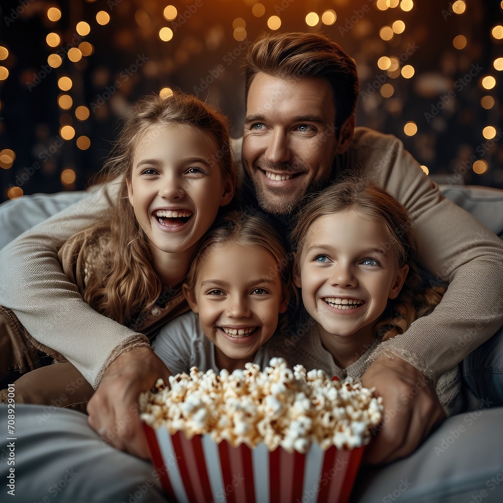 A happy family is watching movies. Generative AI. A happy family is watching movies. Generative AI.