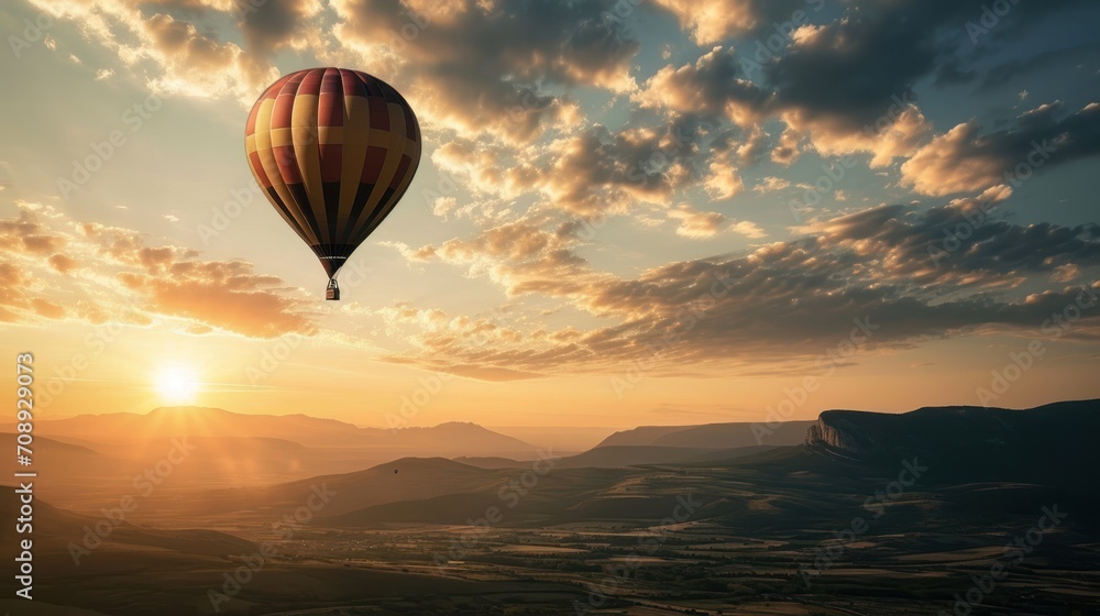  a hot air balloon flying in the sky with the sun setting over the mountains in the back ground and the clouds in the sky with the sun shining through the clouds.