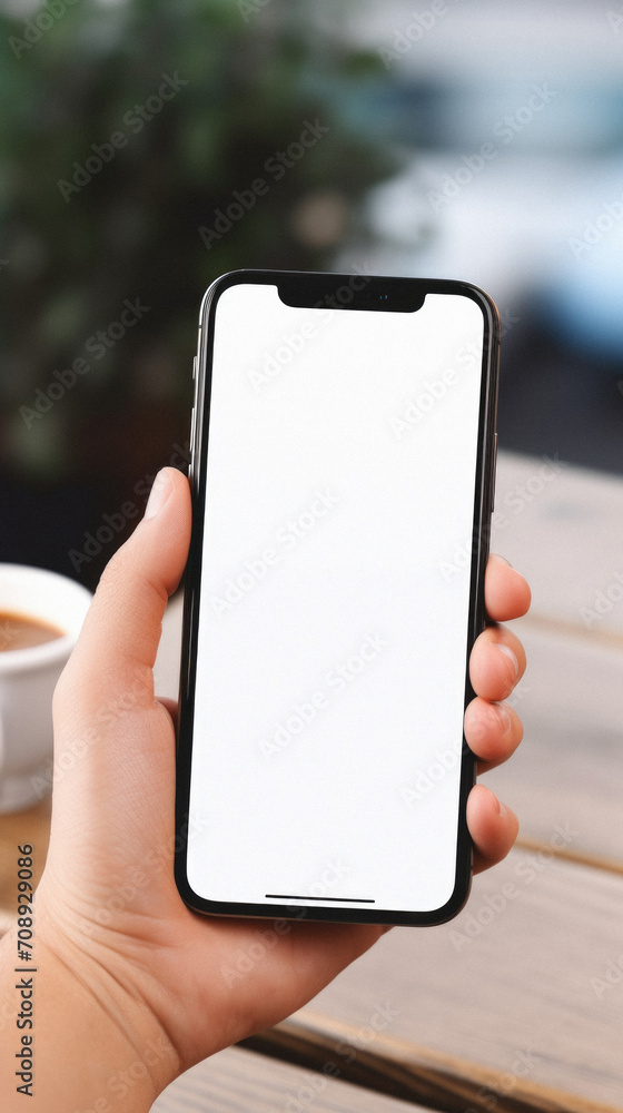 Female hand holding a smartphone with white screen on the table in cafe