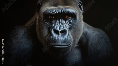  a close up of a gorilla's face with an intense look on it's face and in the background, a dark background is a black backdrop with a black backdrop.