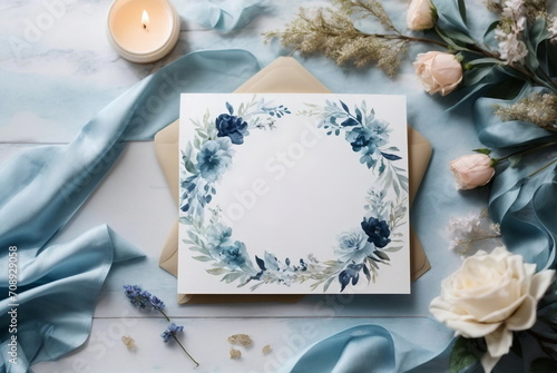 Wedding invitation, template design with watercolor beautiful floral wreath from blue flowers , watercolor invitation, card mockup, blank paper. and flowers on light blue background top view flatlay.