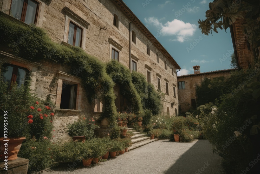 Old European buildings decorated with green plants in spring, Tuscany outdoor vintage buildings