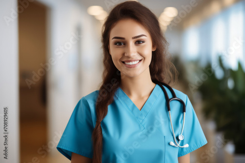 Smiling african american female nurse with stethoscope in hospital corridor