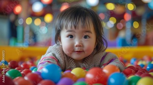 Happy Baby in a Sea of Balls.
Smiling baby enjoying time in a ball pit.