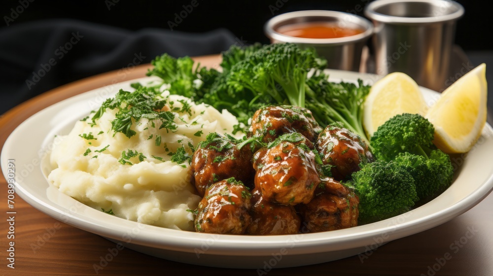 Photography of Ikea meatball in a plate, mashed potatoes, Photography of Ikea meatball in a plate, mashed potatoes,