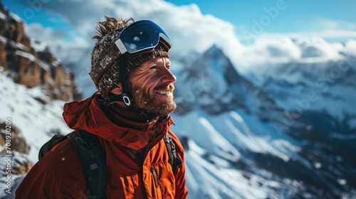 handsome man with Ski goggles, ski clothing and Ski helmet, selfie