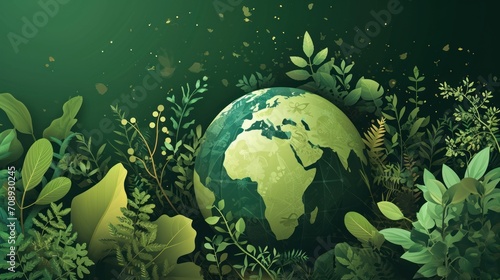  a painting of a green earth surrounded by leaves and plants on a dark green background with a green glow coming from the top of the image of the earth in the center.