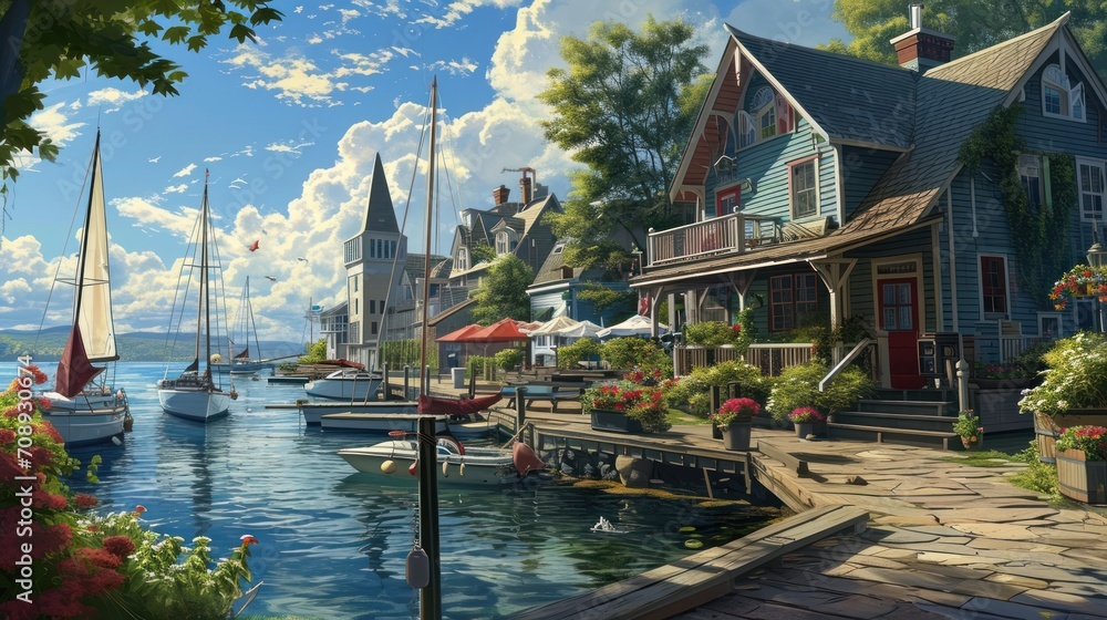  a painting of a harbor with boats in the water and houses on the other side of the water with flowers in the foreground and a blue sky with clouds in the background.
