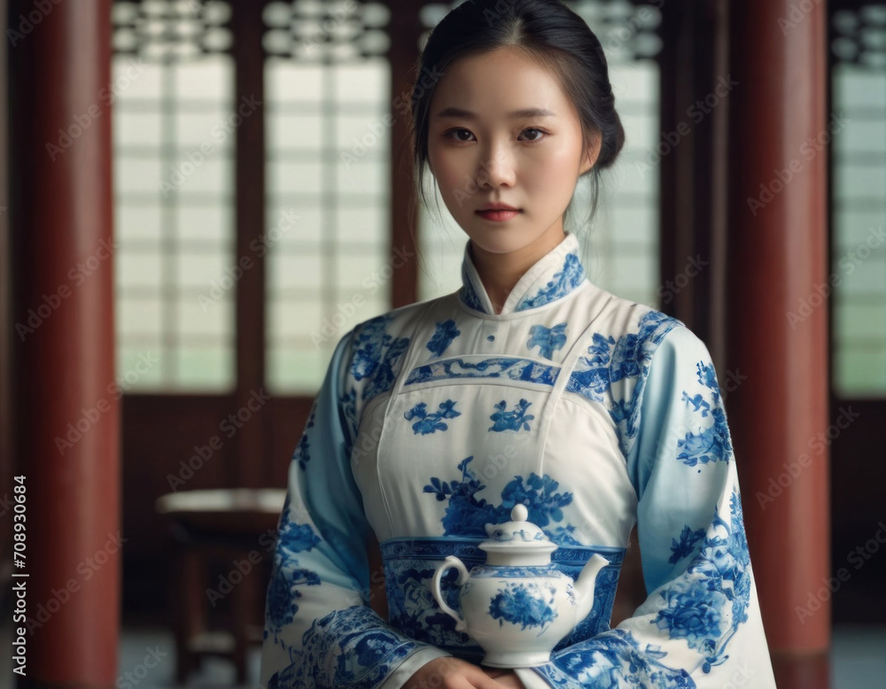Asian porcelain and fragility in a female portrait. AI Asian porcelain and fragility in a female portrait. AI