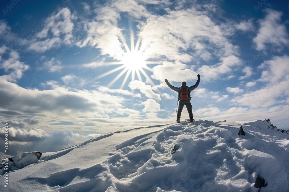 The climber stands on the top of the mountain with his back to the camera, with his hands up in the air, amidst shining white snow against a clear blue sky.