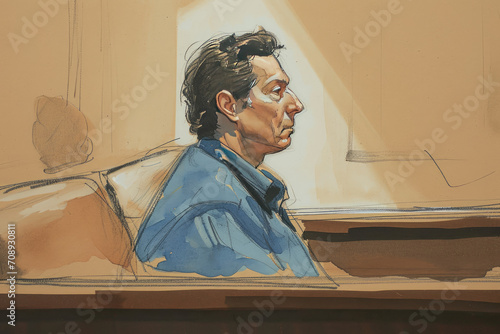 Tableau sur toile An artist impression sketch of a person on trial in a courtroom